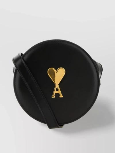 Ami Alexandre Mattiussi Leather Circle Bag With Adjustable Strap And Gold Hardware In Black