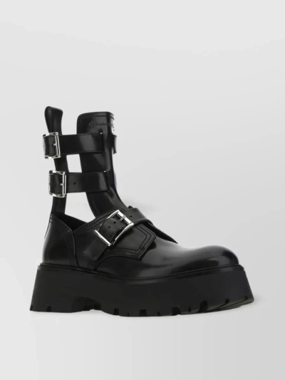 Alexander Mcqueen Multi Side Buckled Leather Boots In Black