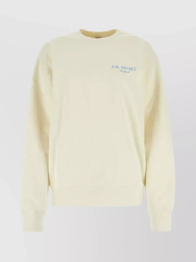 Sporty And Rich Relaxed Cotton Sweater With Ribbed Crew-neck And Cuffs In Cream