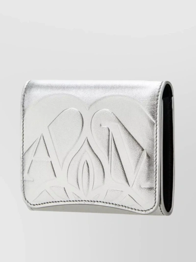Alexander Mcqueen Tri-fold Metallic Leather Wallet In Grey