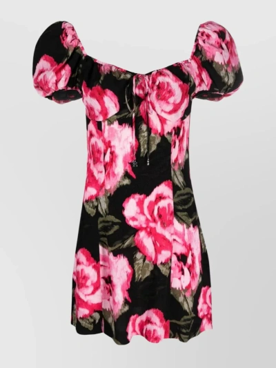 Rotate Birger Christensen Floral-print Puff-sleeve Mini Dress In Black
