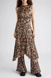 Acne Studios Printed Satin Sleeveless Midi Dress In Brown