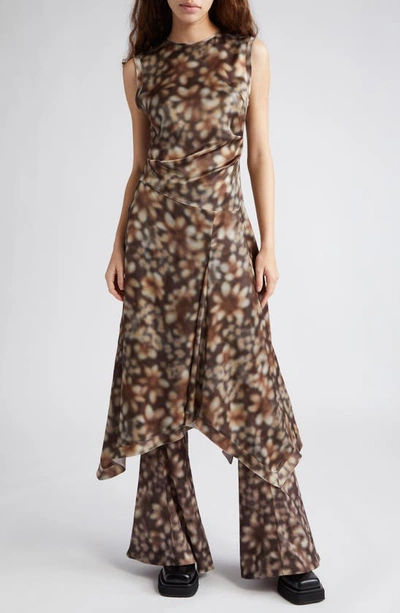 Acne Studios Printed Satin Sleeveless Midi Dress In Brown