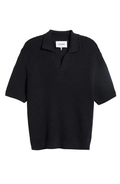 Frame Open Knit Cotton & Silk Polo Sweater In Noir