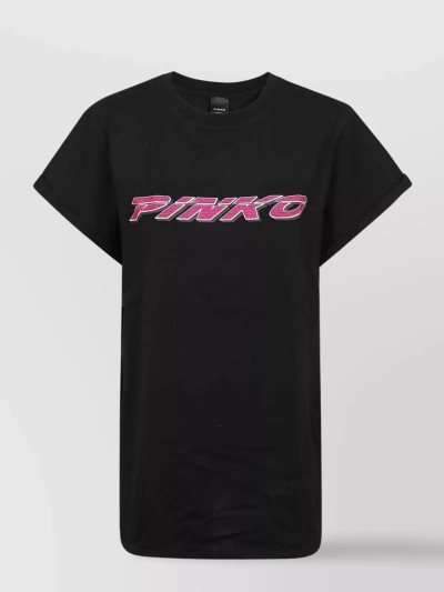Pinko Logo-embellished Cotton T-shirt In Nero/fuxia