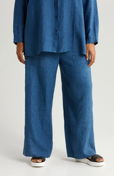 Eileen Fisher Petite Cropped Straight-leg Organic Linen Trousers In Atlantis