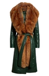 BURBERRY PADDED LEATHER WRAP COAT WITH FAUX FUR SCARF & HOOD