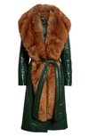 Burberry Belted Leather Trench Coat With Faux Fur Scarf In Ivy
