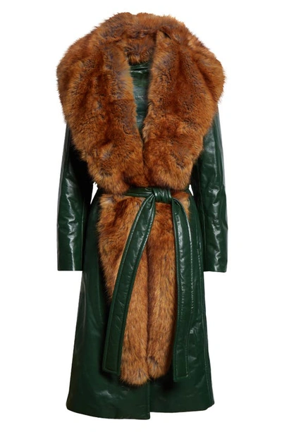 Burberry Belted Leather Trench Coat With Faux Fur Scarf In Ivy