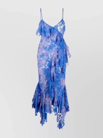 Attico Thelma Lace Ruffle Midi Dress In Violet/dusty Blue