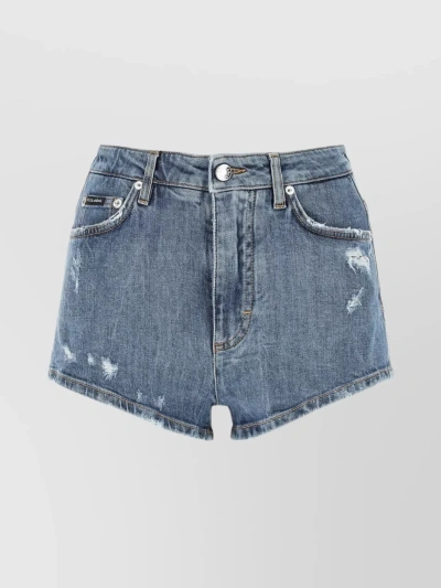 Dolce & Gabbana Distressed Stretch Denim Shorts With Frayed Hem In Blue