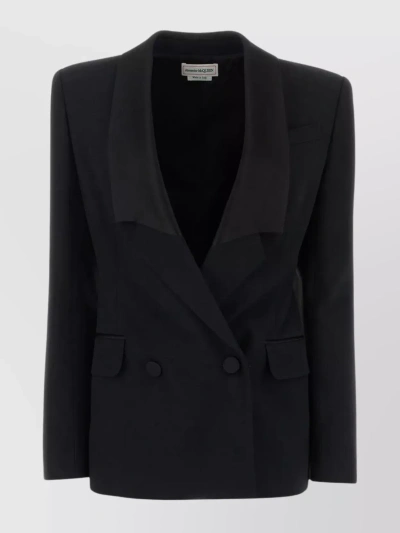 Alexander Mcqueen Double-breasted Blazer With Satin Details In Black