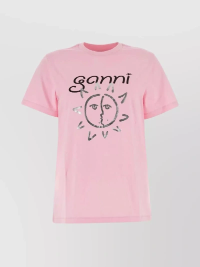 Ganni Cotton Graphic Print Crew-neck T-shirt In Pink