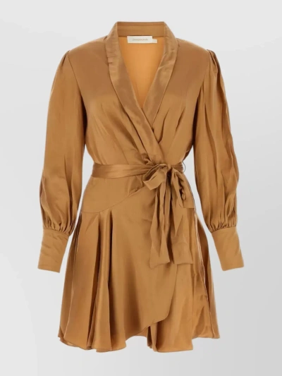 Zimmermann Long-sleeve Wrap Silk Minidress In Brown