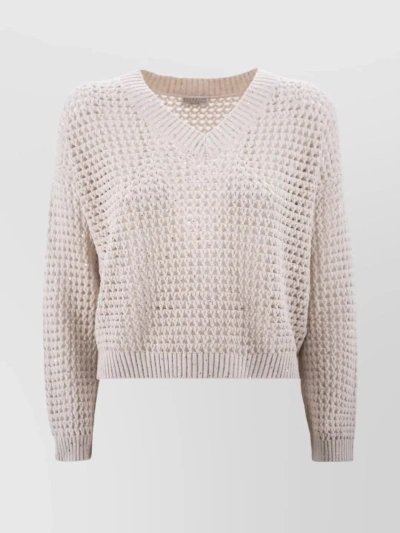 Brunello Cucinelli Open-knit V-neck Jumper In Beige