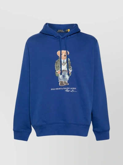 Polo Ralph Lauren Bear Printed Drawstring Hoodie In Blue