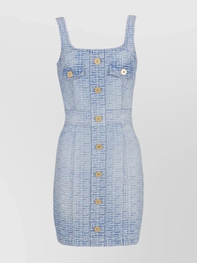 Balmain Monogram Square Neck Dress With Button Detail In Blue