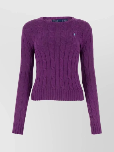 Polo Ralph Lauren Cable Knit Crewneck Sweater With Ribbed Hem And Cuffs In Purple
