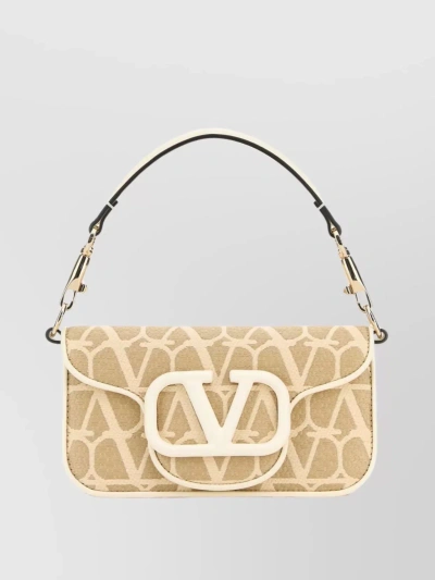 Valentino Garavani Iconographe Canvas And Locò Leather Shoulder Bag In Naturale/ivory