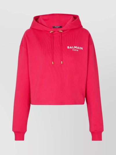 Balmain Logo-flocked Cropped Hoodie In Pink