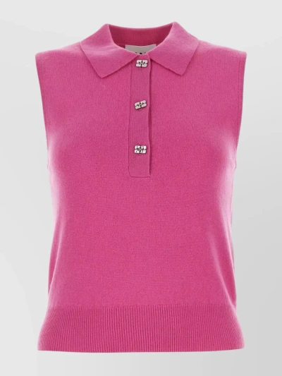 Ganni Sleeveless Knitted Polo In Fuchsia