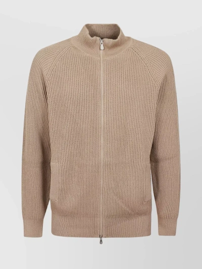 Brunello Cucinelli Ribbed-knit Zipped-up Cardigan In Beige