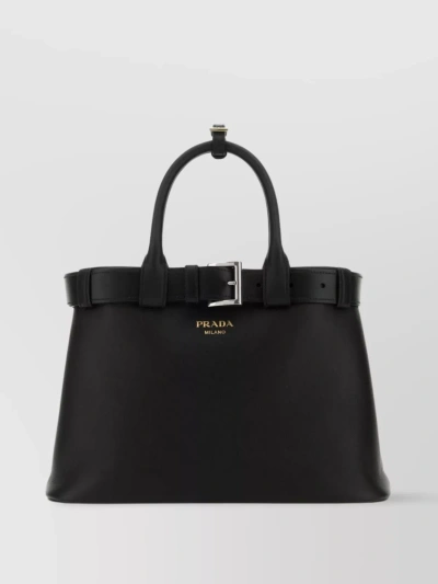 Prada Medium Belted Leather Handbag In Black