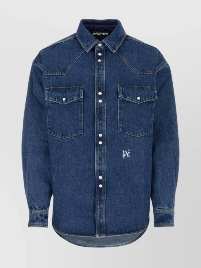 Palm Angels Logo-embroidered Denim Shirt In Blue,white