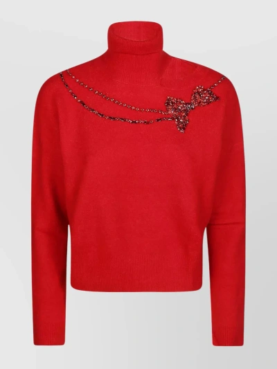 Liu •jo Rhinestone Shoulder Cut Turtleneck Sweater In Red