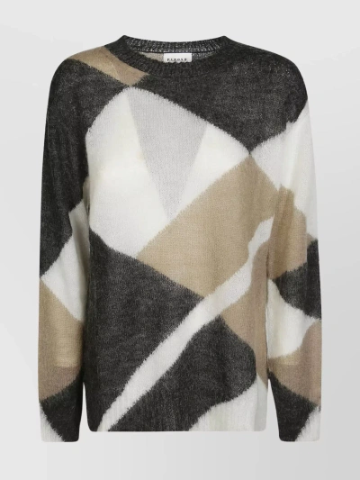 P.a.r.o.s.h Round Neck Fur Applique Colourblock Sweater In Beige