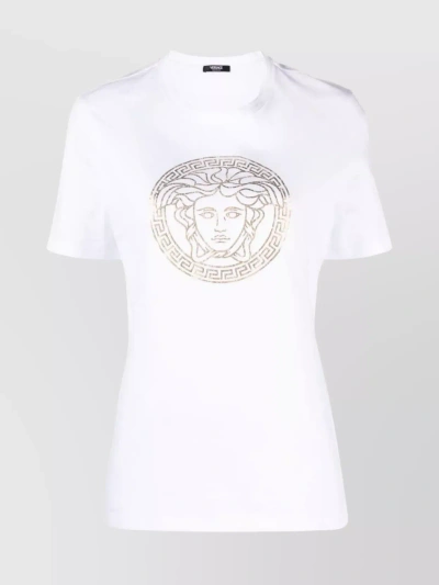 Versace White Crewneck T-shirt With Studded Medusa In Cotton Man