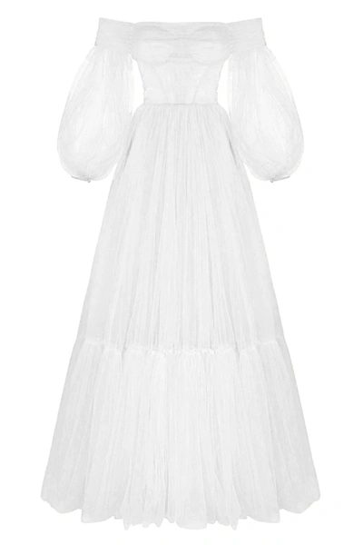 Milla White Sheer Sleeves Maxi Tulle Dress