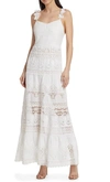 ALICE AND OLIVIA ALORA EMBROIDERED SWEETHEART NECKLINE MIDI DRESS IN WHITE