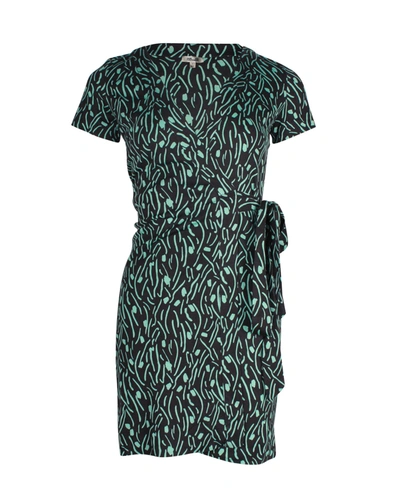 Diane Von Furstenberg Printed Wrap Mini Dress In Teal Silk In Green