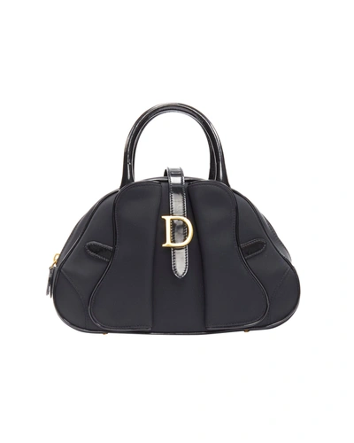 Dior Christian  Vintage Galliano Saddle Bowler Black Nylon Gold D Logo Top Handle Tote Bag