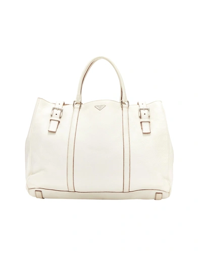 Prada Ivory White Grained Leather Silver Triangle Logo Buckle Strap Tote Bag