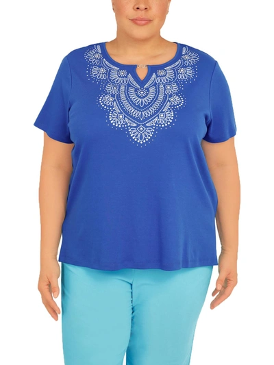 Alfred Dunner Plus Womens Embroidered Split Neck Blouse In Blue