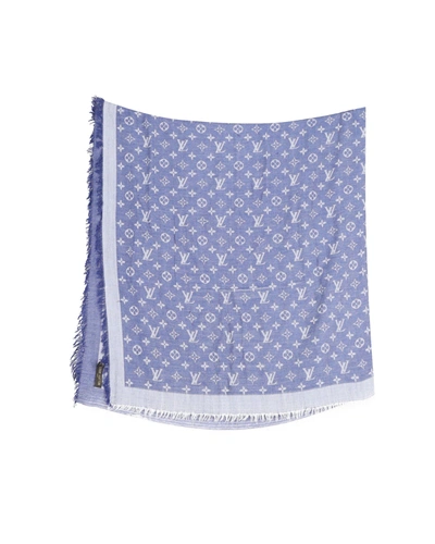 Pre-owned Louis Vuitton Fringed Monogram Scarf In Blue Cashmere