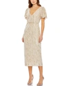 Mac Duggal Sequined V Neck Flutter Sleeve Tea Length Dress In White