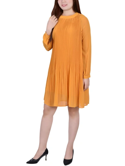 Ny Collection Petite Long Sleeve Pleated Dress In Mustard