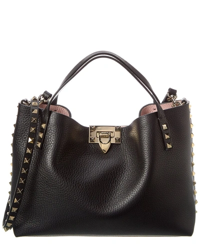 Valentino Garavani Rockstud Small Grainy Leather Tote In Black