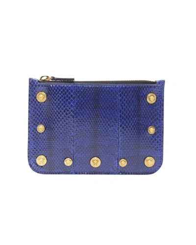 Versace New  Ayers Scaled Leather Gold Medusa Stud Bordered Top Zip Pouch Case In Blue