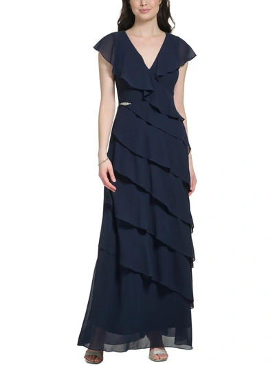 Jessica Howard Womens Rhinestones Long Evening Dress In Blue
