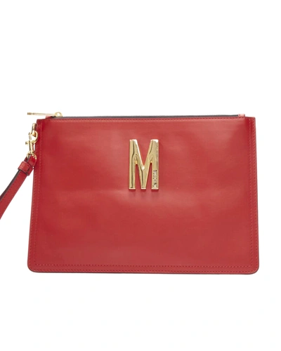 Moschino New  Couture! Smooth Red Leather Gold M Top Zip Wristlet Clutch Bag