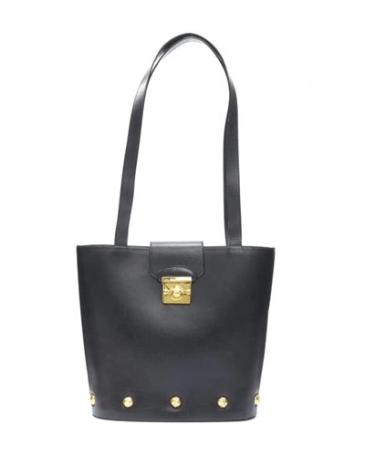 Ferragamo Vintage Salvatore  Black Smooth Leather Gold Clasp Lock Shoulder Bag