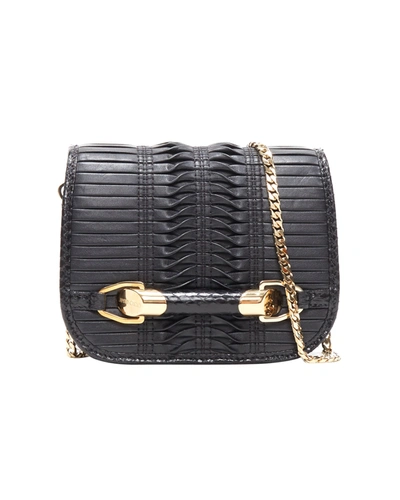 Jimmy Choo Black Woven Pleated Leather Gold Bar Detail Flap Crossbody Bag