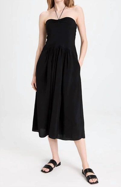 VINCE RUCHED HALTER NECK MIDI DRESS IN BLACK