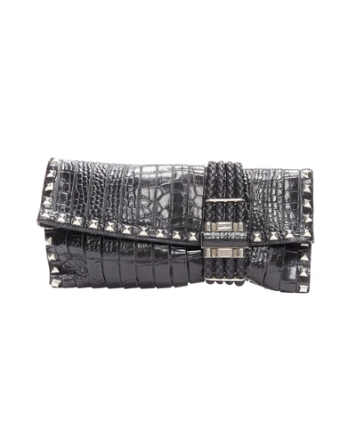 Jimmy Choo Chandra Black Croc Embossed Silver Studs Woven Magnet Clasp Clutch Bag