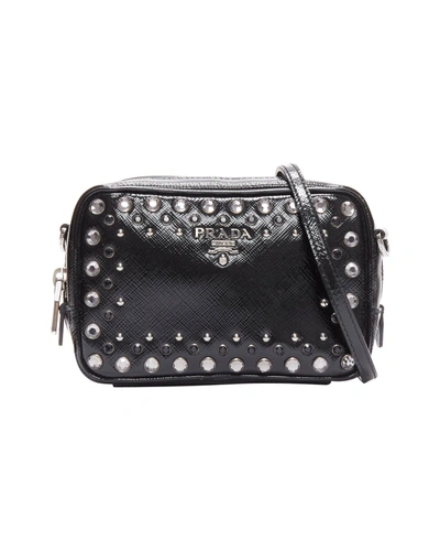 Prada Crystal Silver Stud Logo Black Saffiano Leather Crossbody Camera Bag