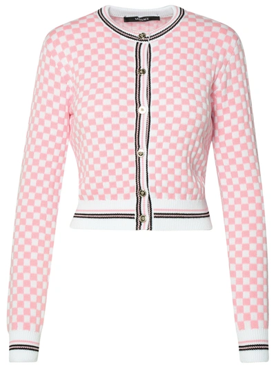 Versace Check Jacquard Knit Cardigan In Pink